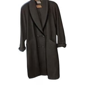 Joffeld Long Black Coat Vintage Wool‎ with Velvet Trim on Shawl Collar. Large.